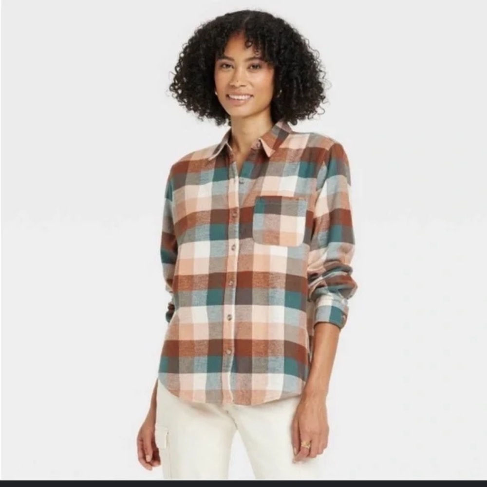 UNIVERSAL THREAD WOMENS FLANEL SHIRT LONGSLEEVE PLAID‎ RUST BLUE SIZE XL